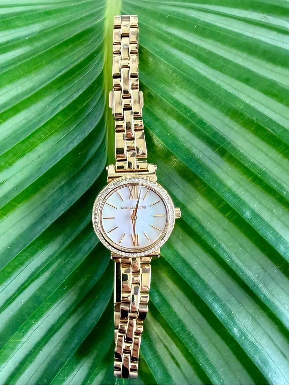Michael Kors Gold-Tone Crystal Bezel Watch with Mother-of-Pearl Dial